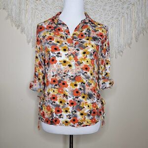 Ms Bella D Floral Long Sleeve Tie Hip Blouse Orange Gray Pink Size Small
